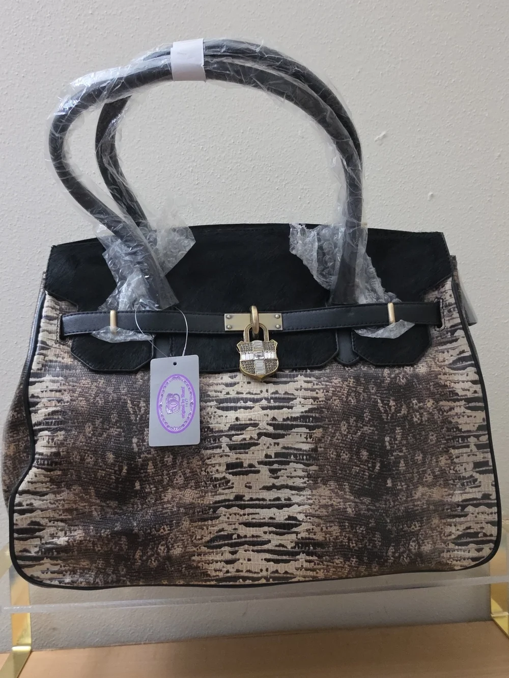 SHARIF Classic Scallop-Trim Satchel Handbag in Black and Brown
